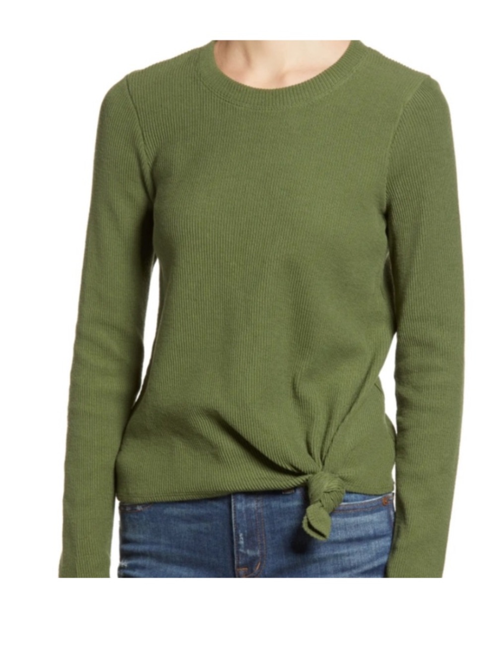 Madewell Texture & Thread Jacquard Knot-Front Top Green Ribbed Fitted